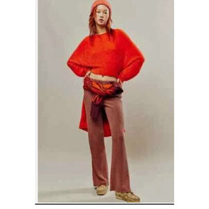 Free People One Marlo Thermal Waffle Knit Flare Pants Sz.S Russet Acorn EUC